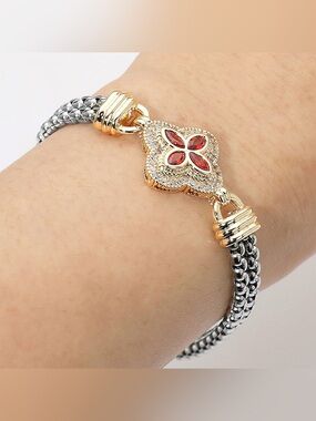 14K Gold Plated Two Tone CZ Floral Charm Accent Magnetic Bracele